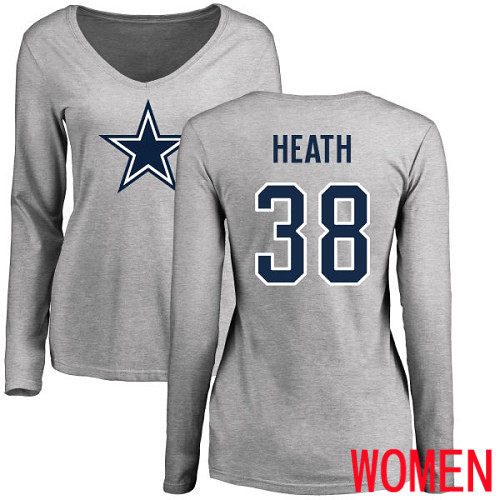 Women Dallas Cowboys Ash Jeff Heath Name and Number Logo Slim Fit #38 Long Sleeve Nike NFL T Shirt->women nfl jersey->Women Jersey